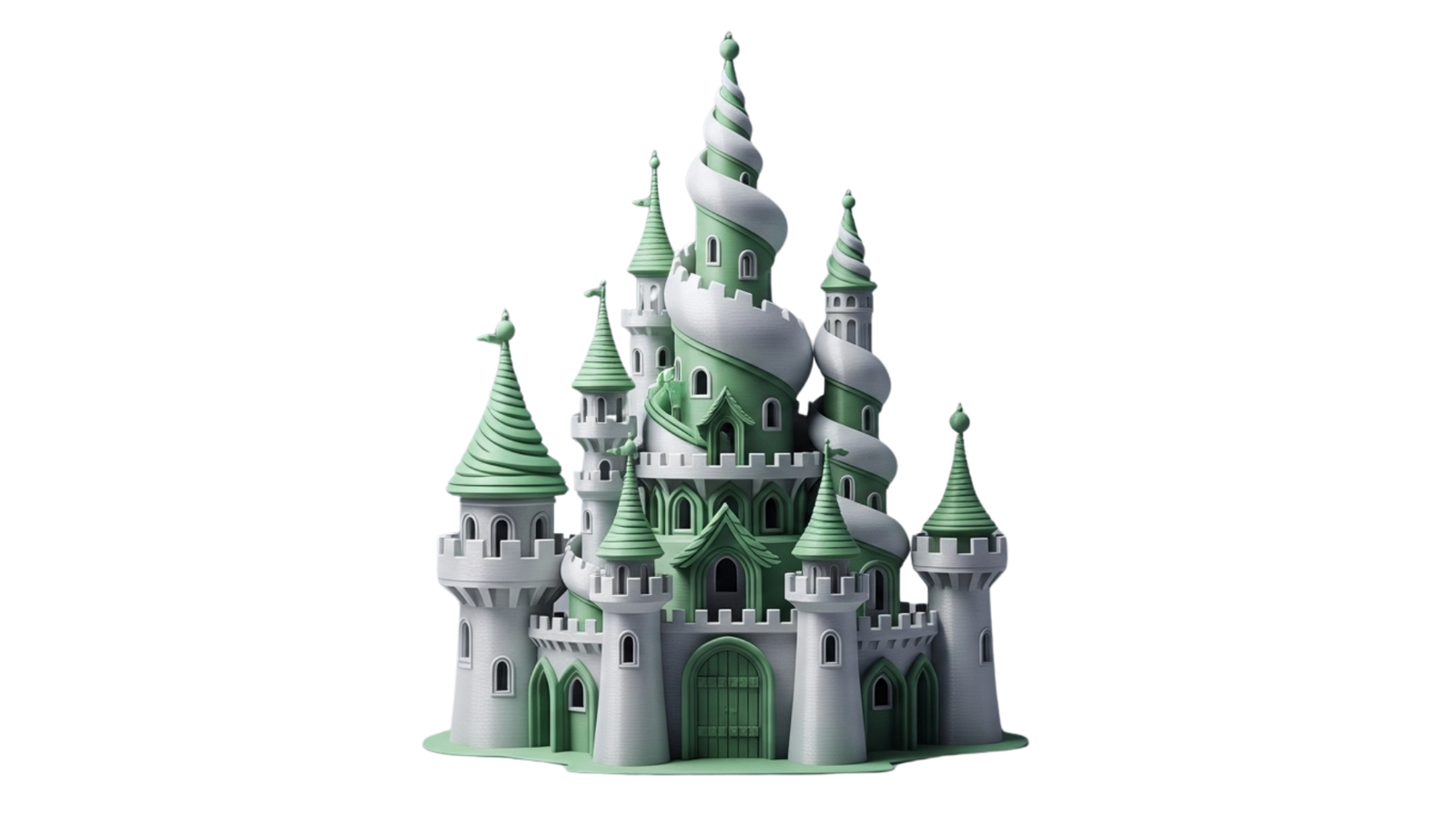 An intricate green and white 3D printed castle toy