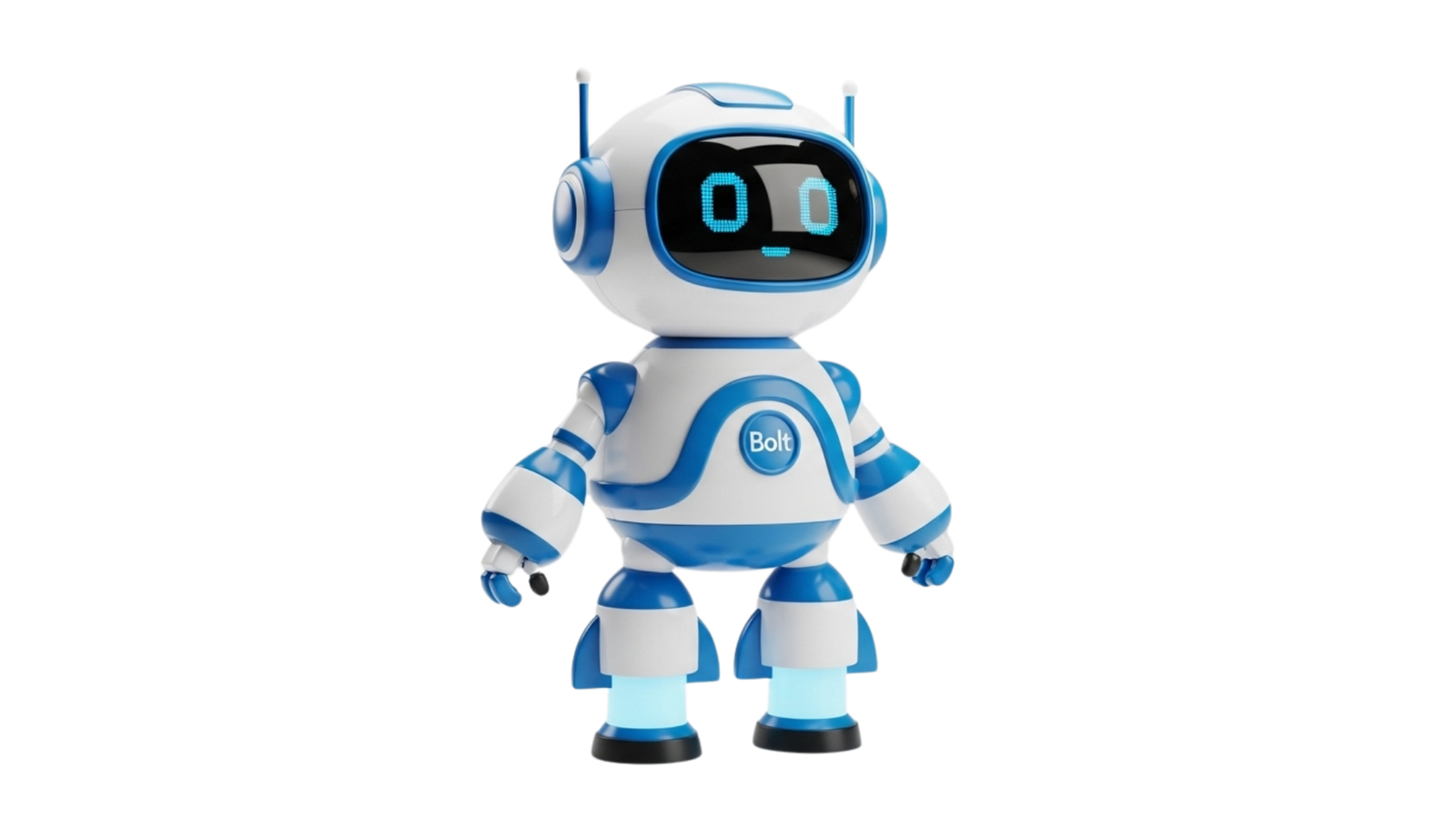 A friendly blue and white 3D printed robot toy